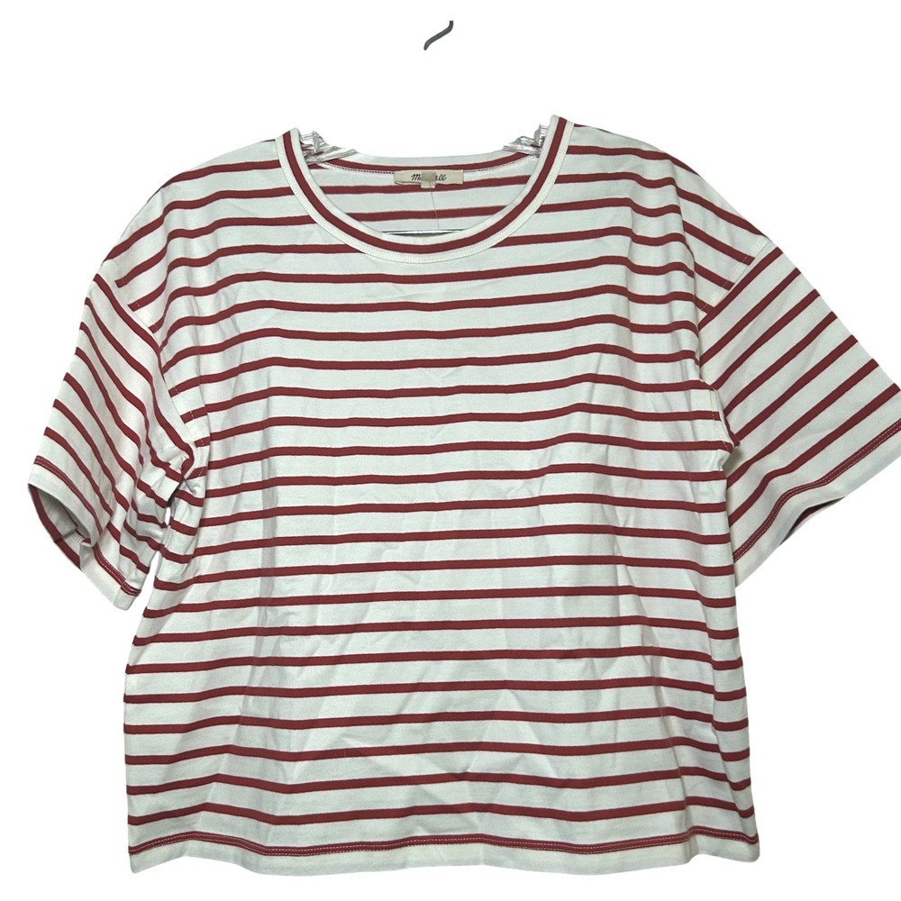 NWT Madewell Everyday Boxy Crop Tee red white Stripe women's m minimal casual